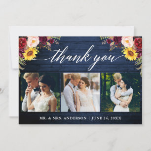Calligraphy Mixed Floral Wedding Blue Wood Thank You Card