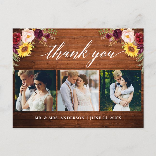 Calligraphy Mixed Floral Wedding Wood Thank You Postcard (Front)