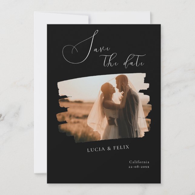 Calligraphy Modern Black Photo Save The Date Invitation (Front)