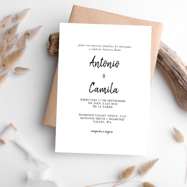 Calligraphy Modern Black & White Spanish Wedding Invitation (Creator Uploaded)