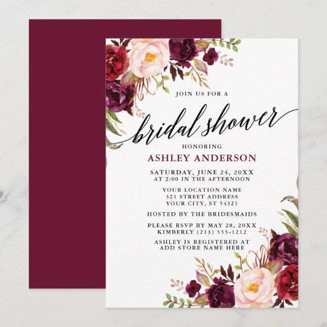 Calligraphy Modern Burgundy Floral Bridal Shower Invitation (Front/Back)