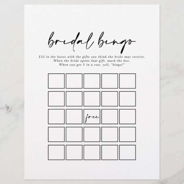 Calligraphy Modern Elegant Bridal Bingo Game (Front)