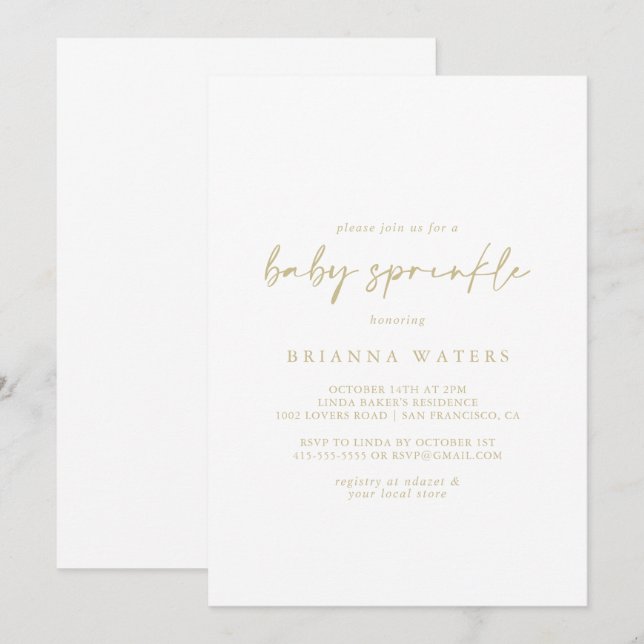 Calligraphy Modern Elegant Gold Baby Sprinkle   Invitation (Front/Back)