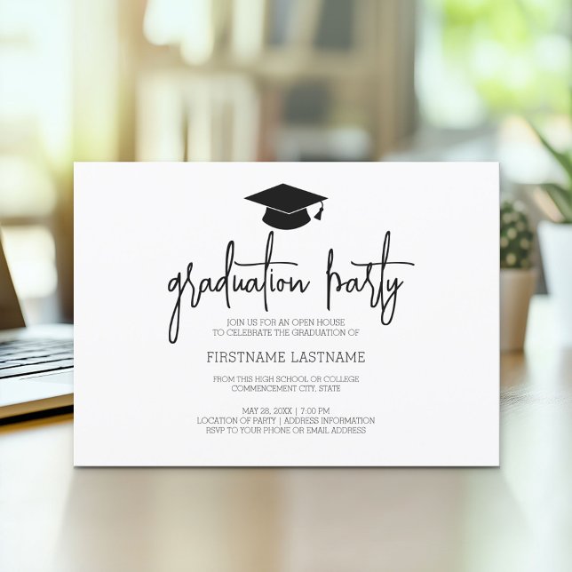 Calligraphy Modern Minimal Graduation Black Invitation (Modern Graduation Announcement and Party Invitation)