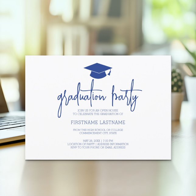 Calligraphy Modern Minimal Graduation Navy Invitation (Modern Graduation Announcement and Party Invitation)