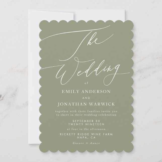 Calligraphy Modern White and Sage Simple Wedding Invitation (Front)
