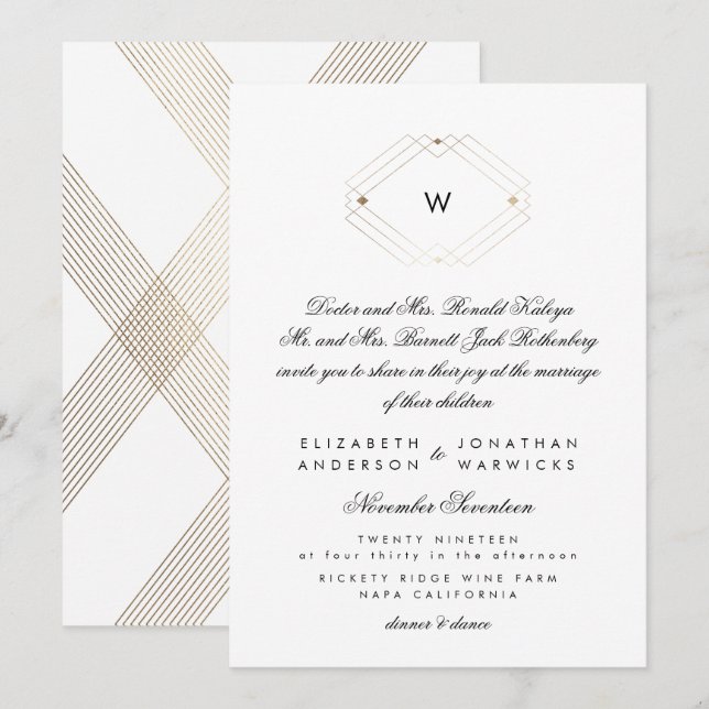Calligraphy Mondern Monogram Gold Deco Wedding Invitation (Front/Back)