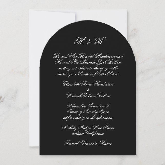 Calligraphy Monogram Black Formal Arch Wedding Invitation (Front)