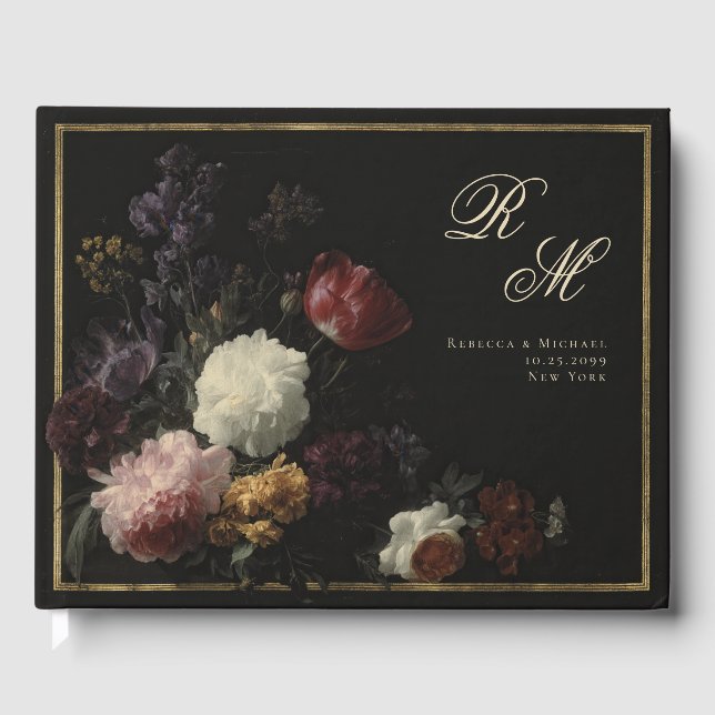 Calligraphy Monogram Black Romantic Flowers Guest Book (Front)