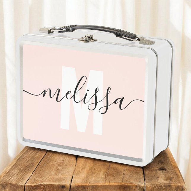 Calligraphy Monogram Girly Blush Pink Metal Lunch Box (Creator Uploaded)