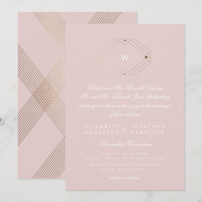 Calligraphy Monogram Gold Foil Blush Pink Wedding Invitation (Front/Back)