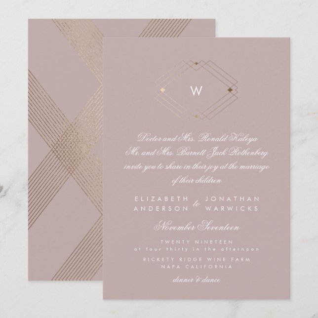 Calligraphy Monogram Gold Foil Taupe Musk Wedding Invitation (Front/Back)