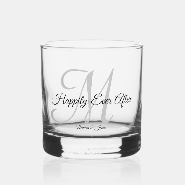 Calligraphy Monogram Happily Ever After Wedding  Whiskey Glass (Front)