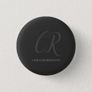 Calligraphy Monogram Name Black Grey Custom Gift 3 Cm Round Badge