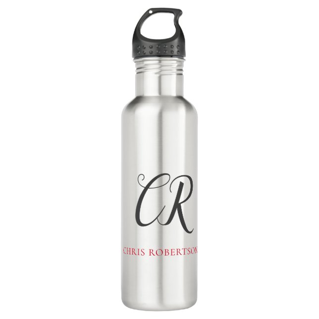 Calligraphy Monogram Name Black Grey Custom Gift 710 Ml Water Bottle (Front)