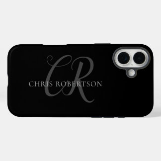 Calligraphy Monogram Name Black Grey Custom Gift iPhone 16 Plus Case