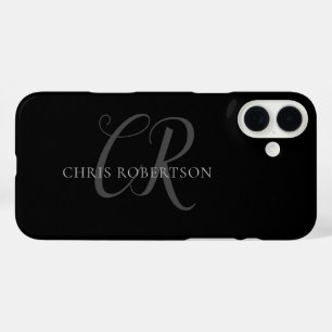 Calligraphy Monogram Name Black Grey Custom Gift iPhone 16 Plus Case