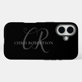 Calligraphy Monogram Name Black Grey Custom Gift iPhone 16 Case
