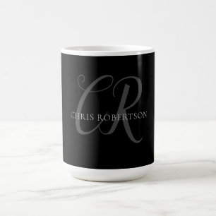 Calligraphy Monogram Name Black Grey Custom Gift Coffee Mug