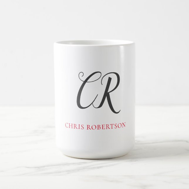 Calligraphy Monogram Name Black Grey Custom Gift Coffee Mug (Center)