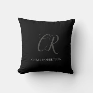 Calligraphy Monogram Name Black Grey Custom Gift Cushion