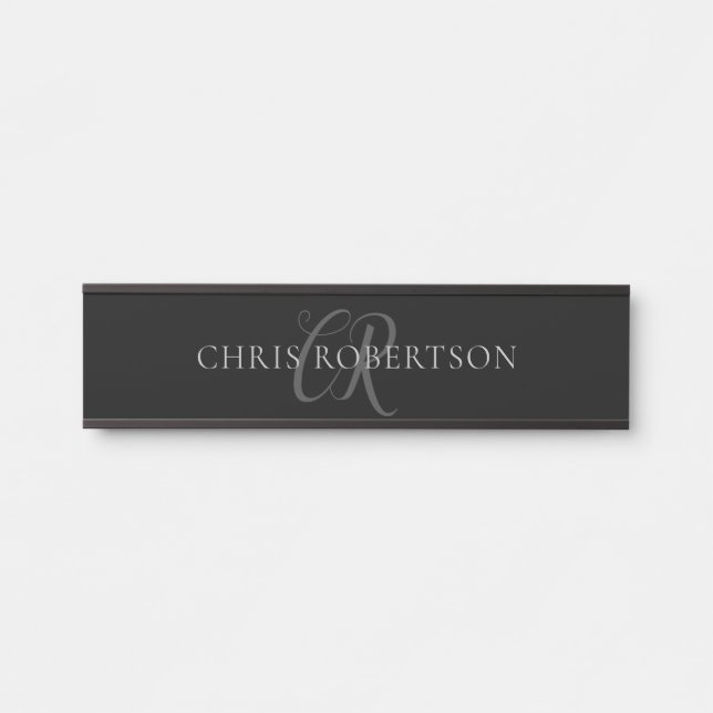 Calligraphy Monogram Name Black Grey Custom Gift Door Sign (Front)