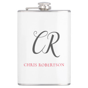 Calligraphy Monogram Name Black Grey Custom Gift Hip Flask