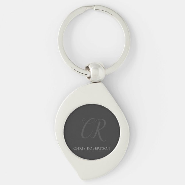 Calligraphy Monogram Name Black Grey Custom Gift Key Ring (Front)