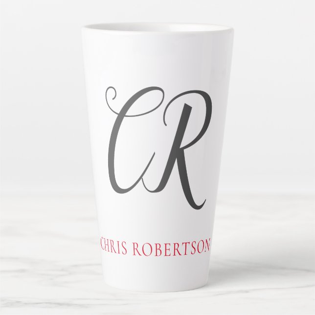 Calligraphy Monogram Name Black Grey Custom Gift Latte Mug (Front)