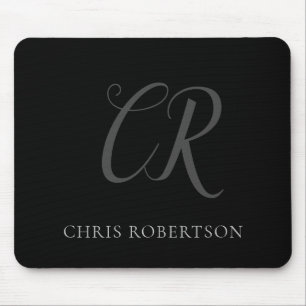 Calligraphy Monogram Name Black Grey Custom Gift Mouse Mat