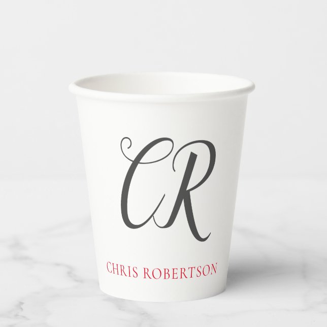 Calligraphy Monogram Name Black Grey Custom Gift Paper Cups (Front)