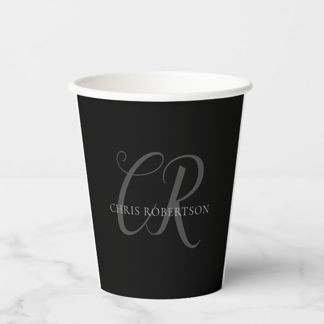 Calligraphy Monogram Name Black Grey Custom Gift Paper Cups (Front)
