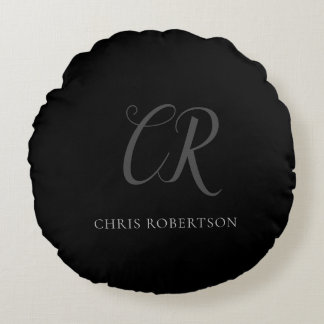 Calligraphy Monogram Name Black Grey Custom Gift Round Cushion