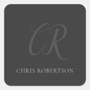 Calligraphy Monogram Name Black Grey Custom Gift Square Sticker