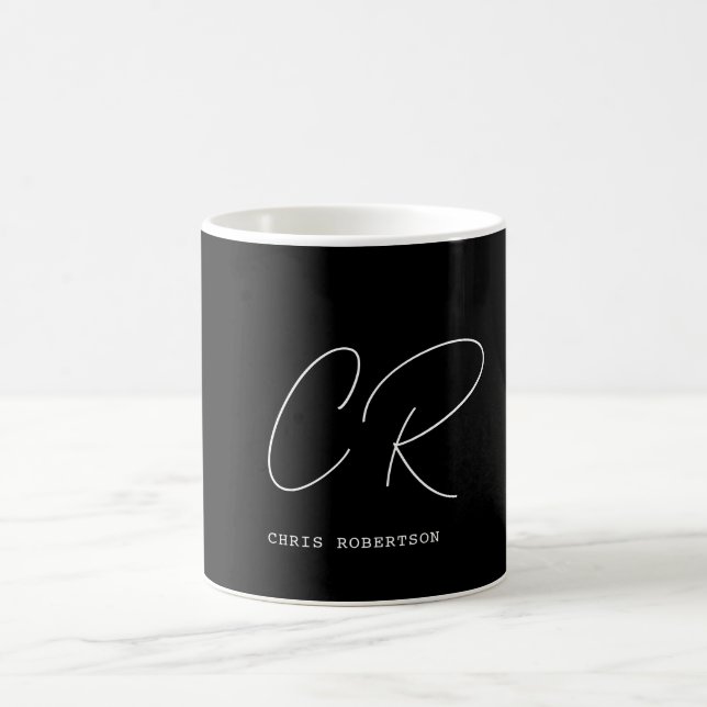 Calligraphy Monogram Name Black White Custom Gift Coffee Mug (Center)