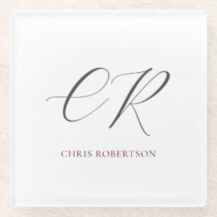 Calligraphy Monogram Name Black White Custom Gift Glass Coaster