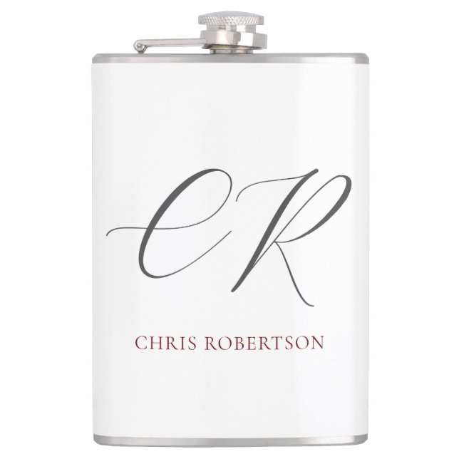 Calligraphy Monogram Name Black White Custom Gift Hip Flask (Front)