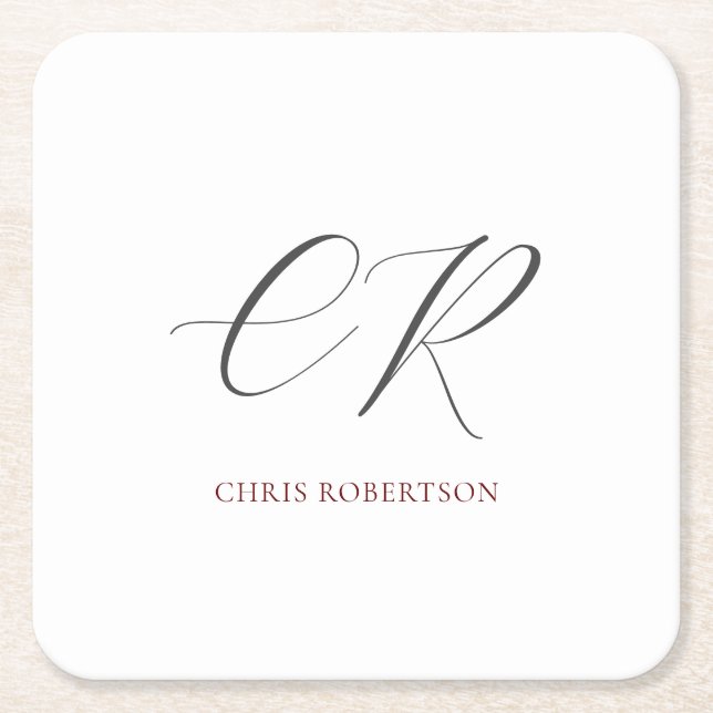 Calligraphy Monogram Name Black White Custom Gift Square Paper Coaster (Front)