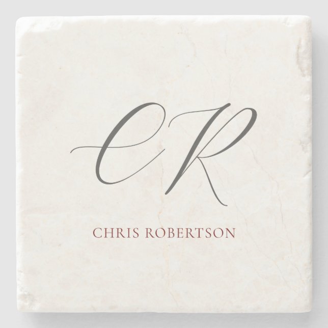 Calligraphy Monogram Name Black White Custom Gift Stone Coaster (Front)