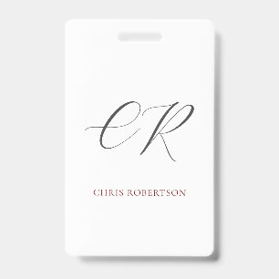 Calligraphy Monogram Name Black White Custom ID Badge
