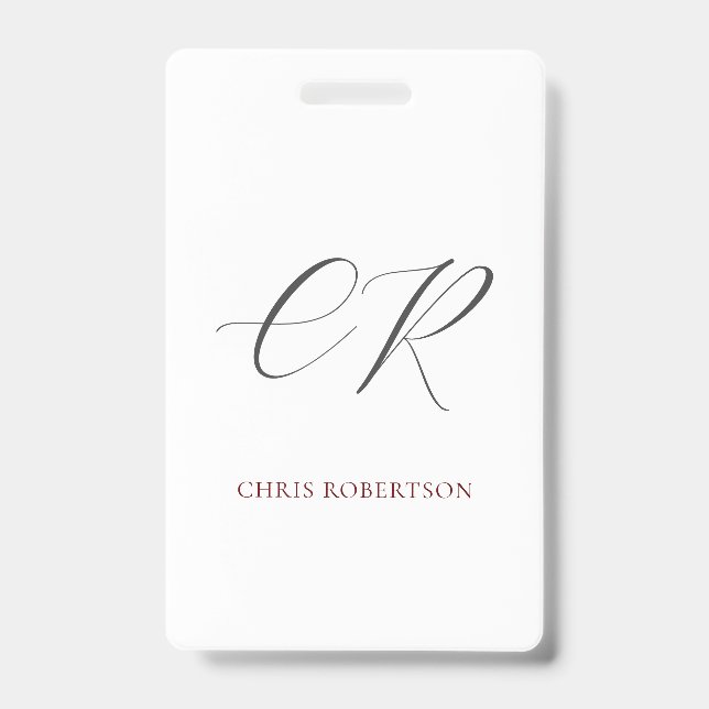 Calligraphy Monogram Name Black White Custom ID Badge (Front)