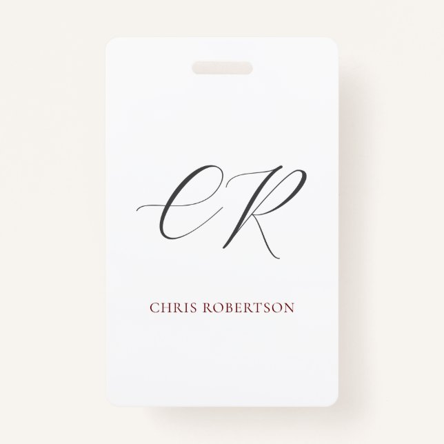 Calligraphy Monogram Name Black White Custom ID Badge (Front)