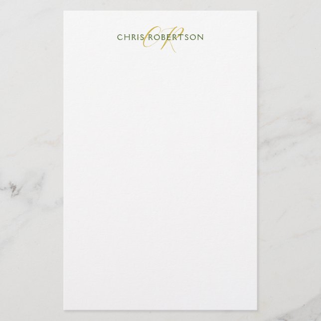 Calligraphy Monogram Name Gold Black White Custom Stationery (Front)