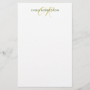 Calligraphy Monogram Name Gold Black White Custom Stationery
