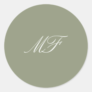 Calligraphy Monogram Sage Green White Wedding Classic Round Sticker