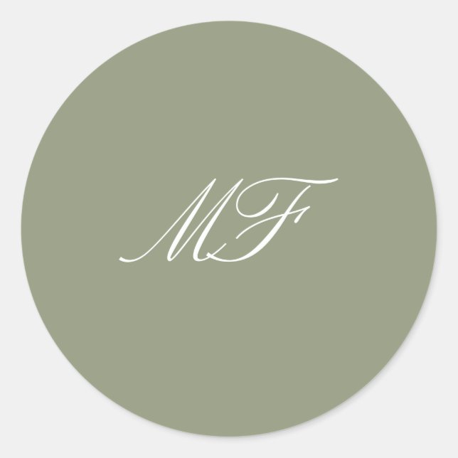 Calligraphy Monogram Sage Green White Wedding Classic Round Sticker (Front)