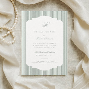 Calligraphy Monogram Sage Stripes Bridal Shower Invitation