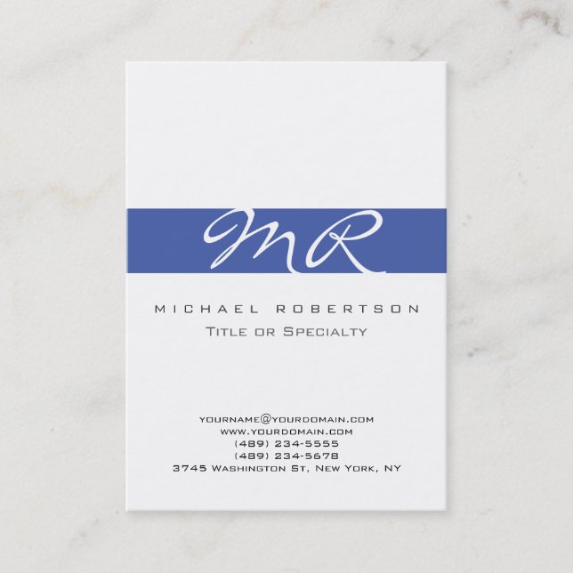 Calligraphy Monogram White Blue Business Card (Front)