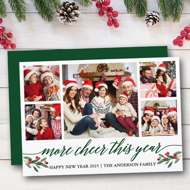 Calligraphy More Cheer This Year 5 Photo Green Holiday Card (Customize to add text to back of card.)