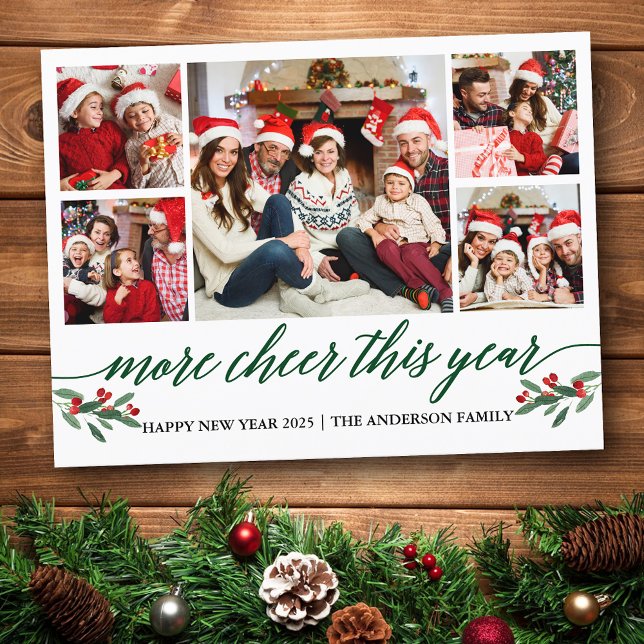 Calligraphy More Cheer This Year 5 Photo Green Postcard (Customize to change your personalized text size or text style.)